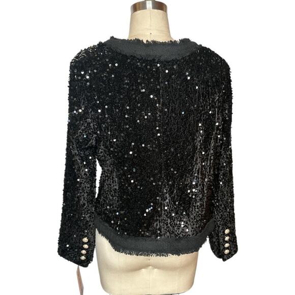 Nanette Lepore Black Sequins Velvet Pearl Buttons Open Front Jackets Women's 4 - Picture 3 of 8